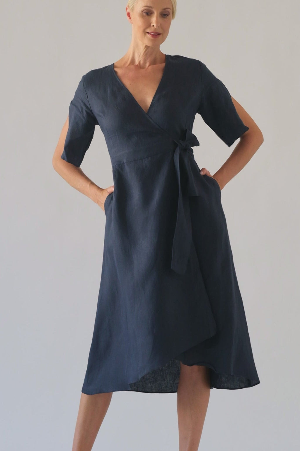 Linen Wrap Dress Navy