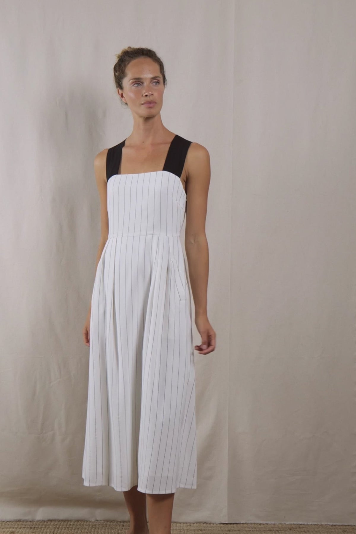 Linen Midi Dress White Pinstripe