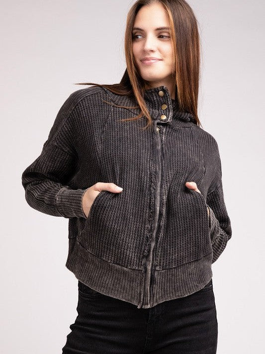 Waffle Hooded Zip-Up Jacket