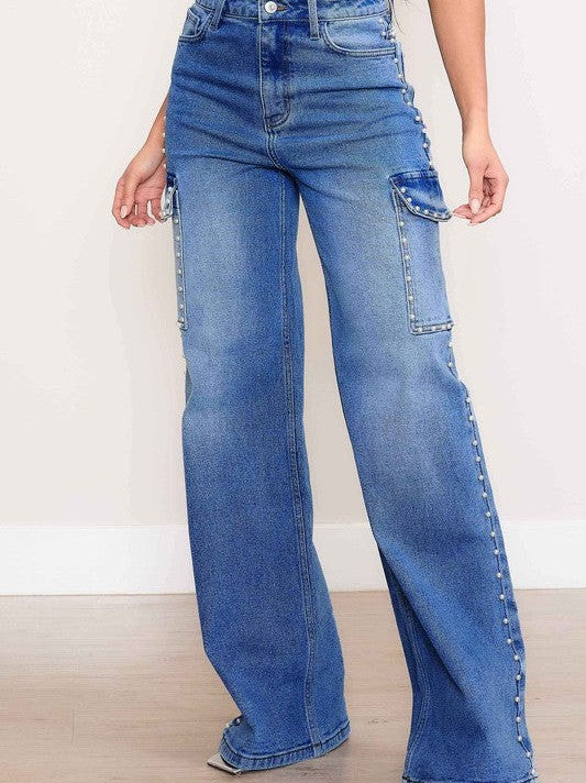Wide Leg Cargo Jeans with Pearl Accents