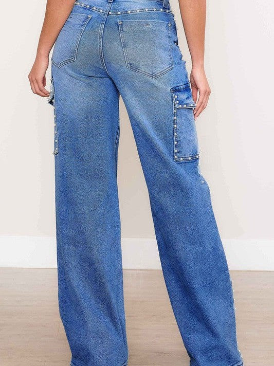 Wide Leg Cargo Jeans with Pearl Accents
