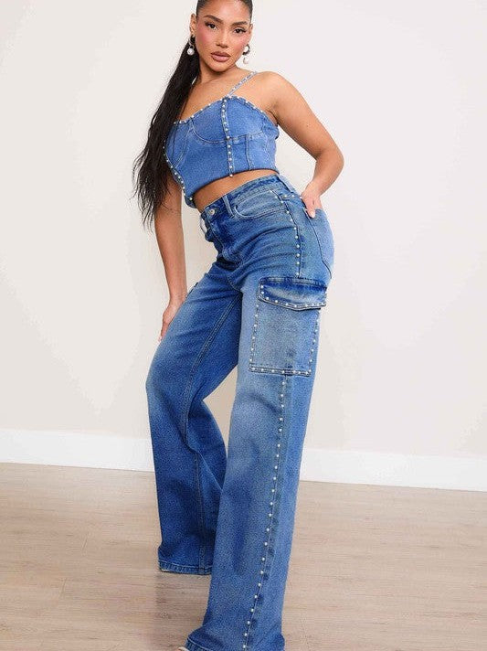 Wide Leg Cargo Jeans with Pearl Accents