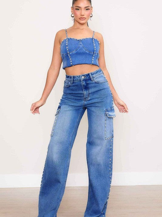 Wide Leg Cargo Jeans with Pearl Accents