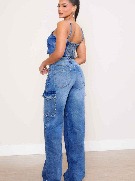 Wide Leg Cargo Jeans with Pearl Accents