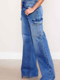 Wide Leg Cargo Jeans with Pearl Accents