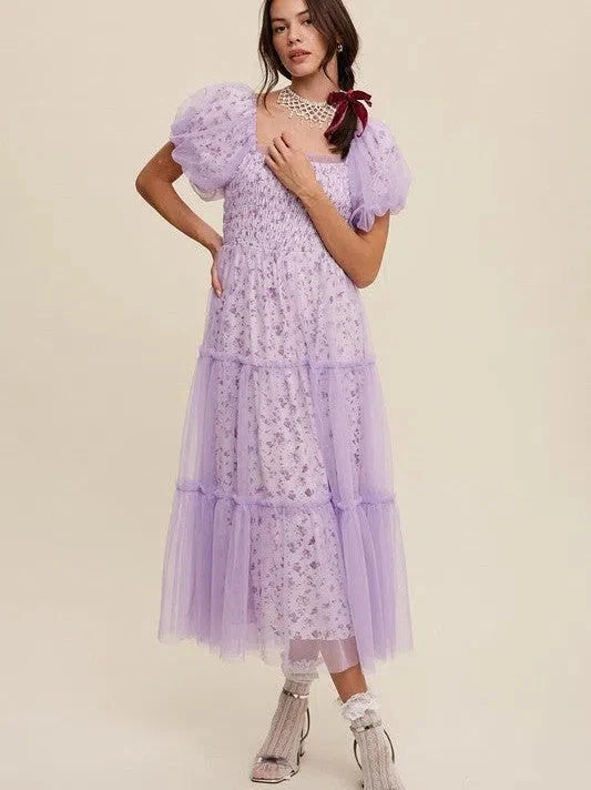 Floral Print and Mesh Puff Sleeve Maxi Dress