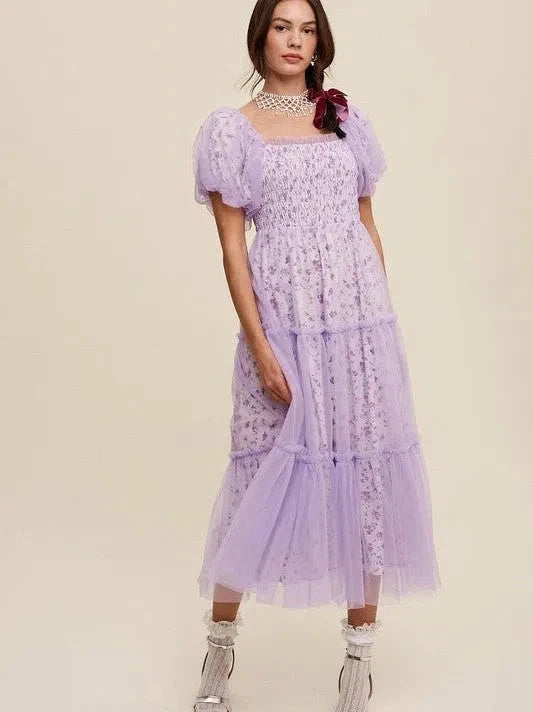 Floral Print and Mesh Puff Sleeve Maxi Dress