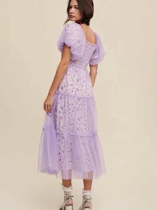 Floral Print and Mesh Puff Sleeve Maxi Dress