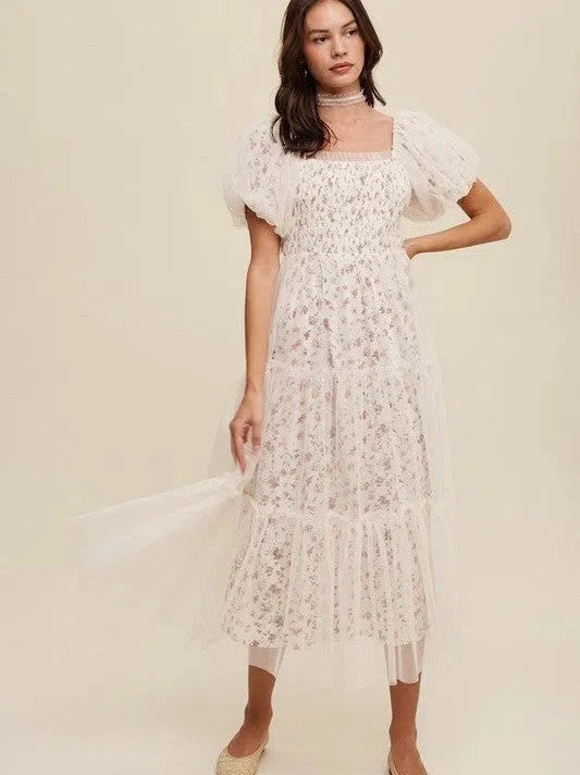 Floral Print and Mesh Puff Sleeve Maxi Dress