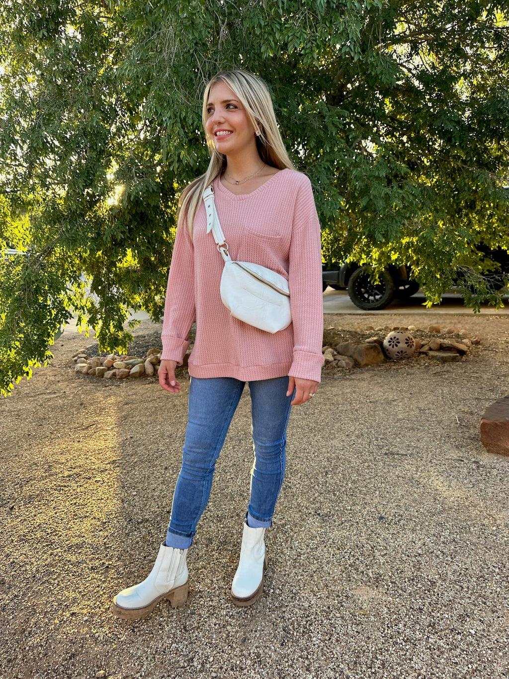Single Pocket Waffle Knit Top