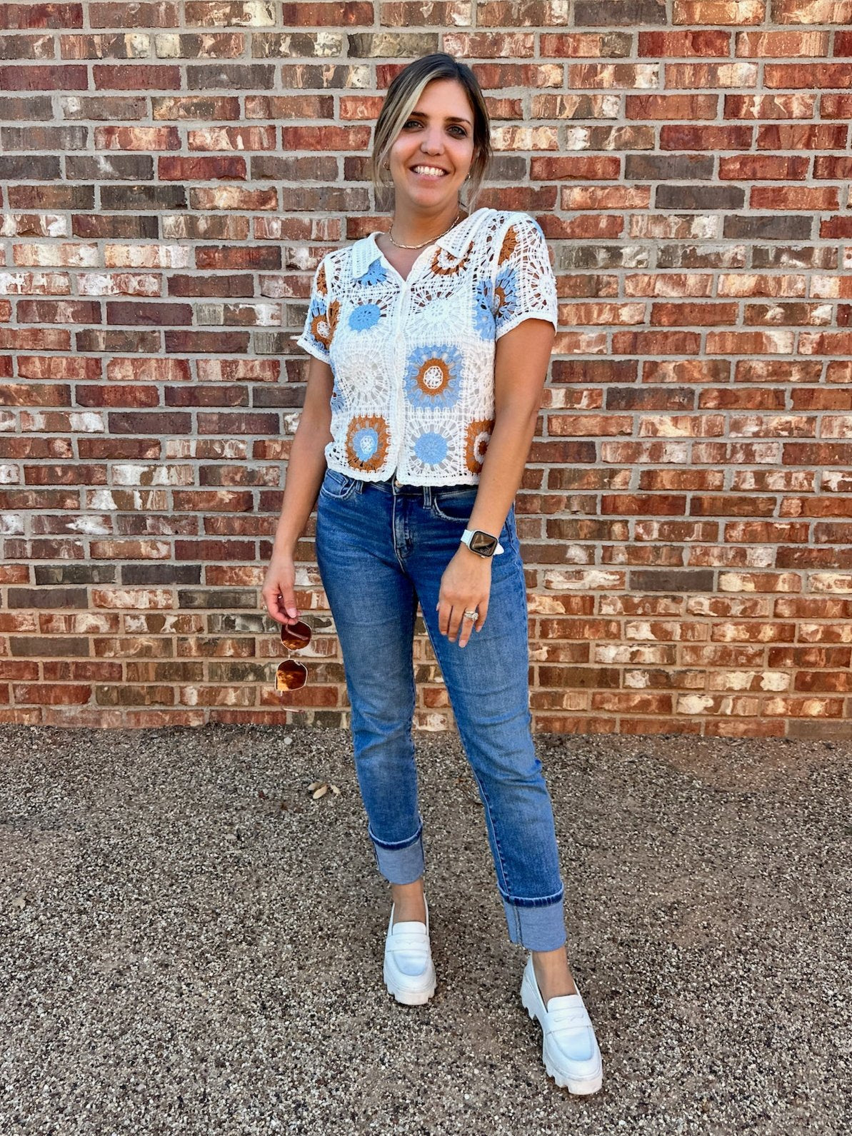 Bohemian Flair Short Sleeve Button Front Crochet Top