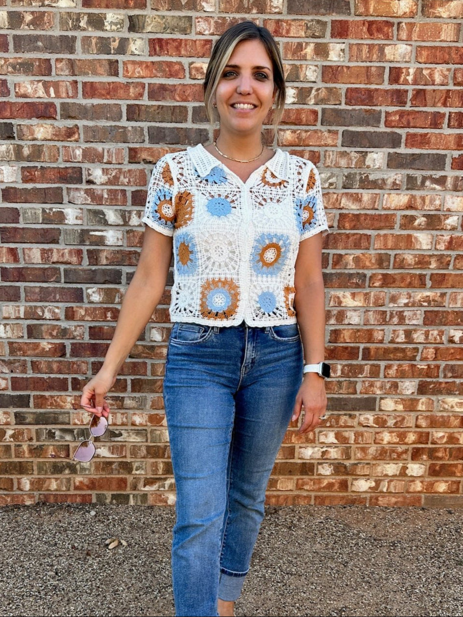 Bohemian Flair Short Sleeve Button Front Crochet Top