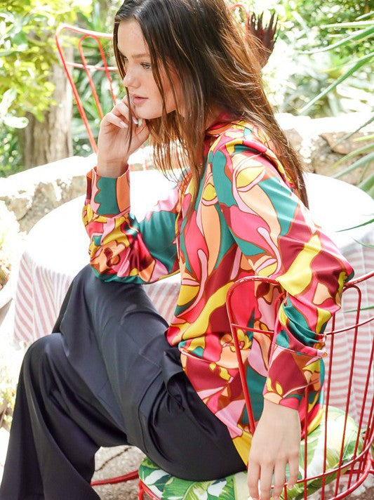 Retro Print Satin Blouse