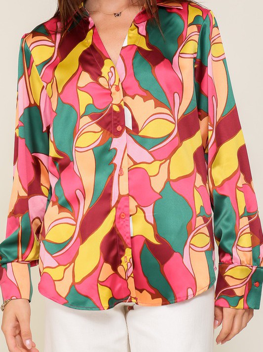 Retro Print Satin Blouse
