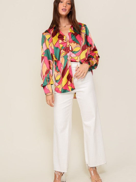 Retro Print Satin Blouse