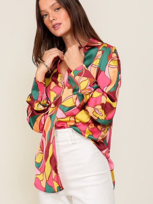 Retro Print Satin Blouse