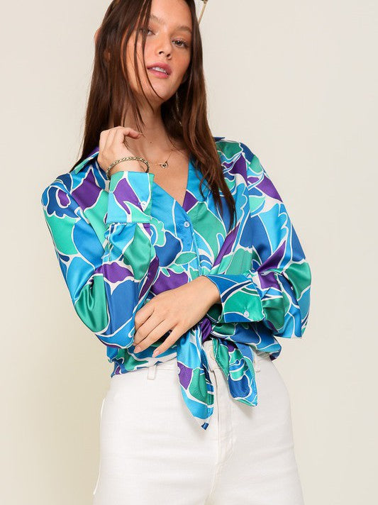 Retro Print Satin Blouse