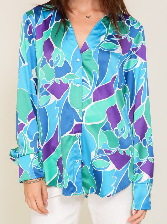 Retro Print Satin Blouse