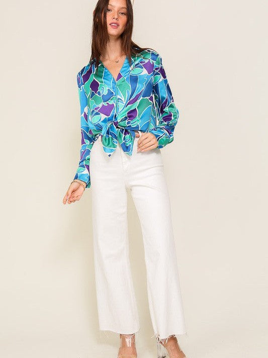 Retro Print Satin Blouse