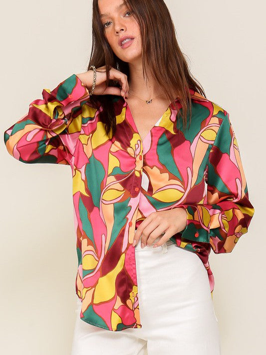 Retro Print Satin Blouse