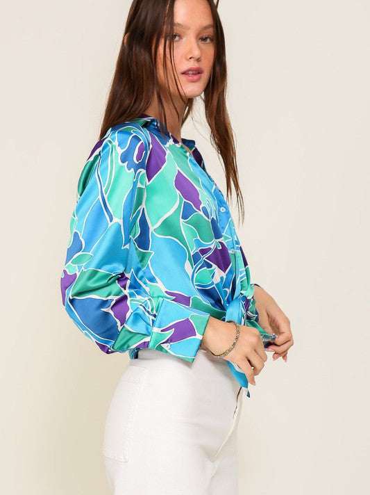 Retro Print Satin Blouse