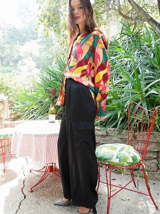 Retro Print Satin Blouse