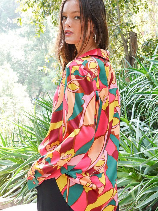 Retro Print Satin Blouse