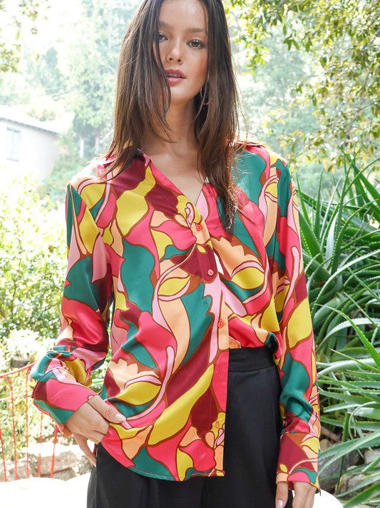 Retro Print Satin Blouse