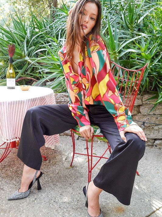 Retro Print Satin Blouse