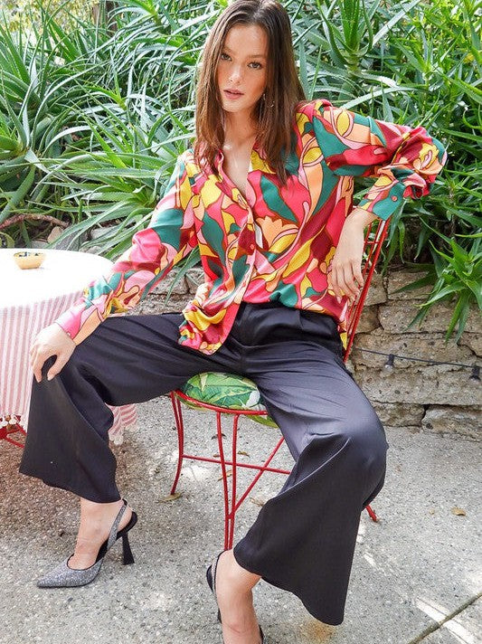 Retro Print Satin Blouse