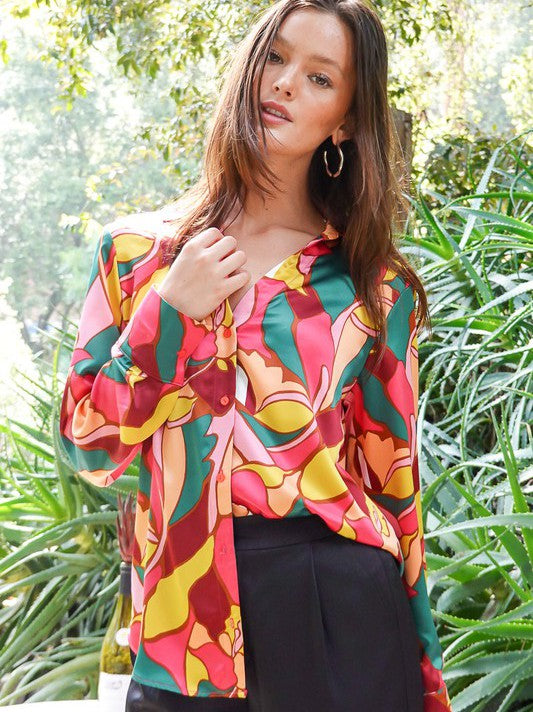Retro Print Satin Blouse