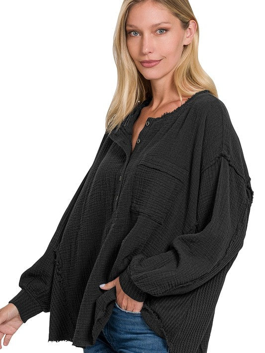 Wave Oversized Long Sleeve Gauze Top
