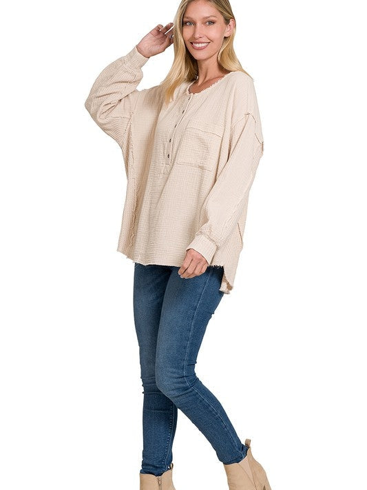 Wave Oversized Long Sleeve Gauze Top