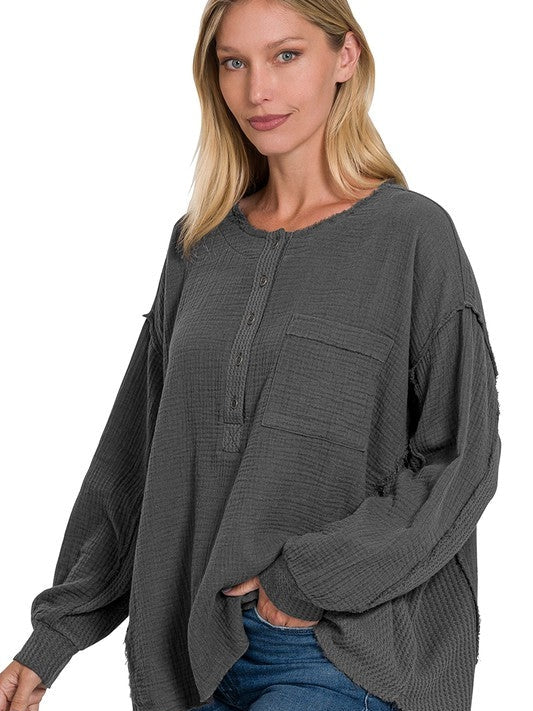 Wave Oversized Long Sleeve Gauze Top