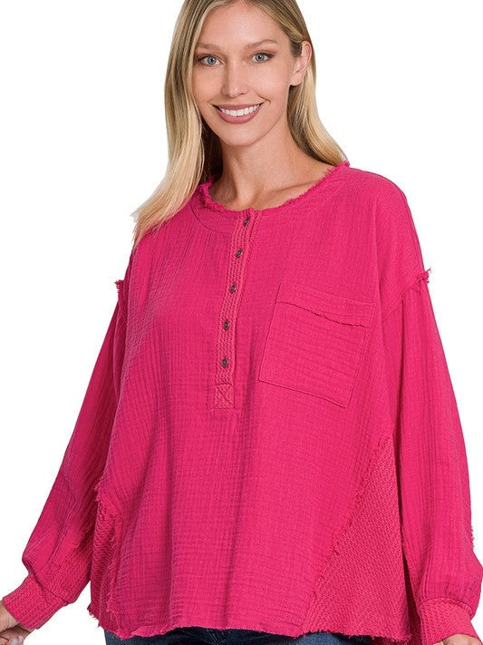 Wave Oversized Long Sleeve Gauze Top