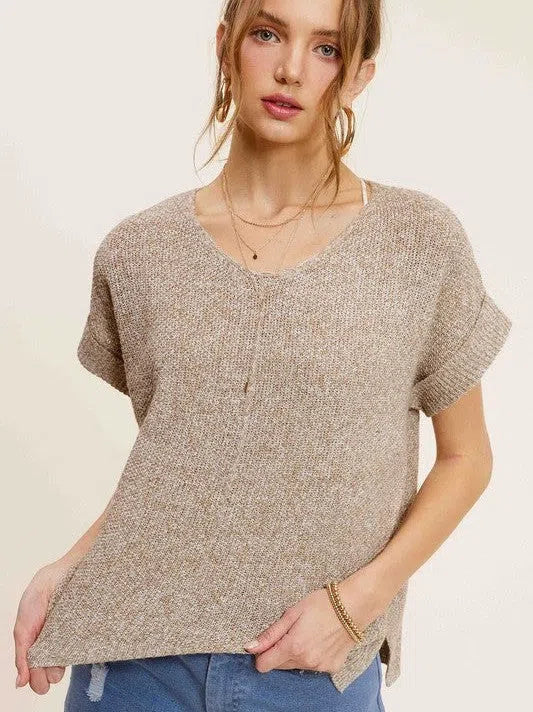 Soft V-Neck Short Sleeve Sweater Top