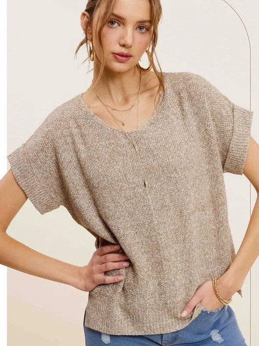 Soft V-Neck Short Sleeve Sweater Top