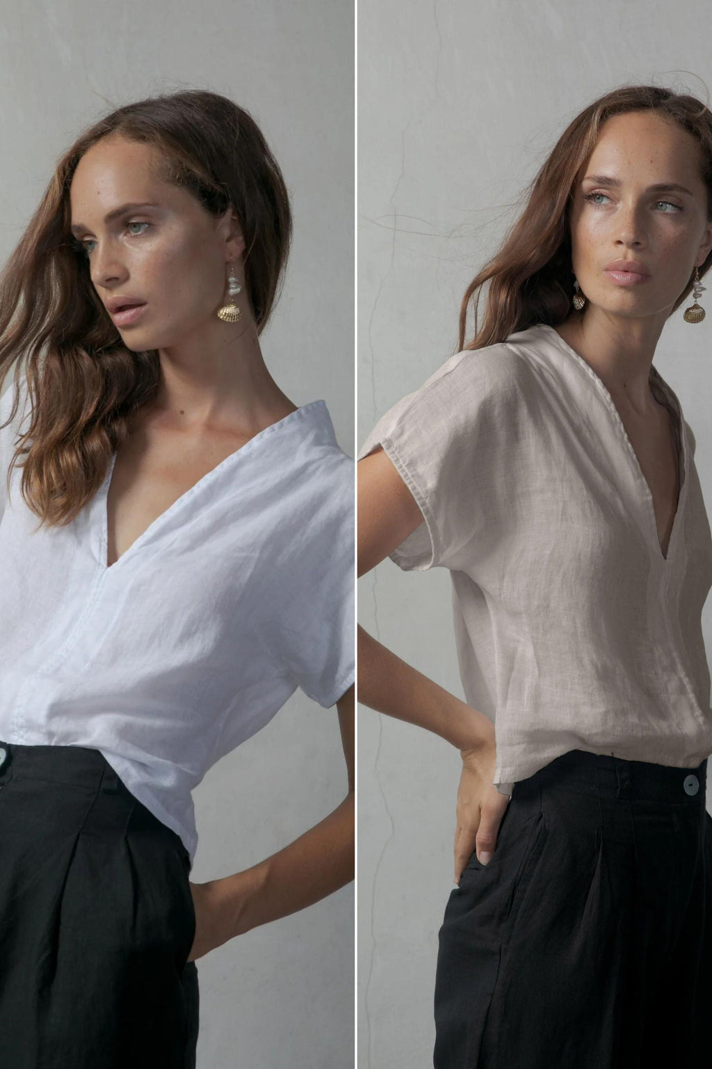 Collo Alto Linen Top White + Oatmeal