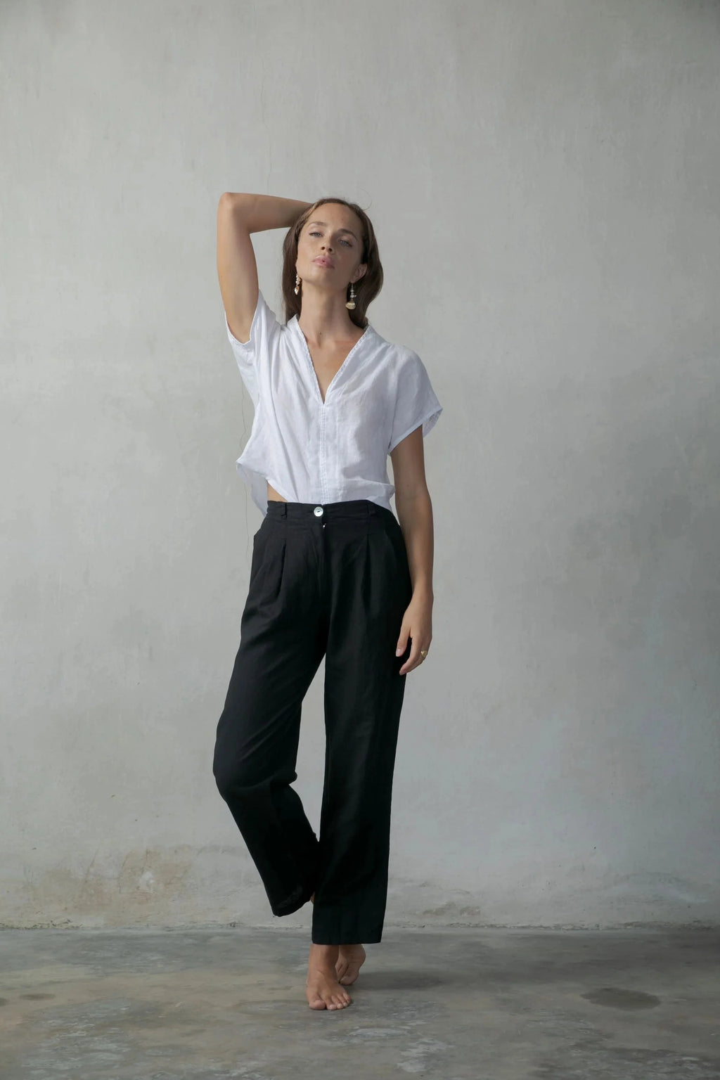 Collo Alto Linen Top White + Oatmeal
