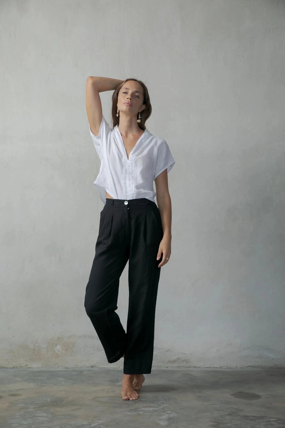Collo Alto Linen Top White + Oatmeal