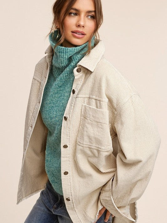 Oversized Corduroy Shacket with Frayed Hem