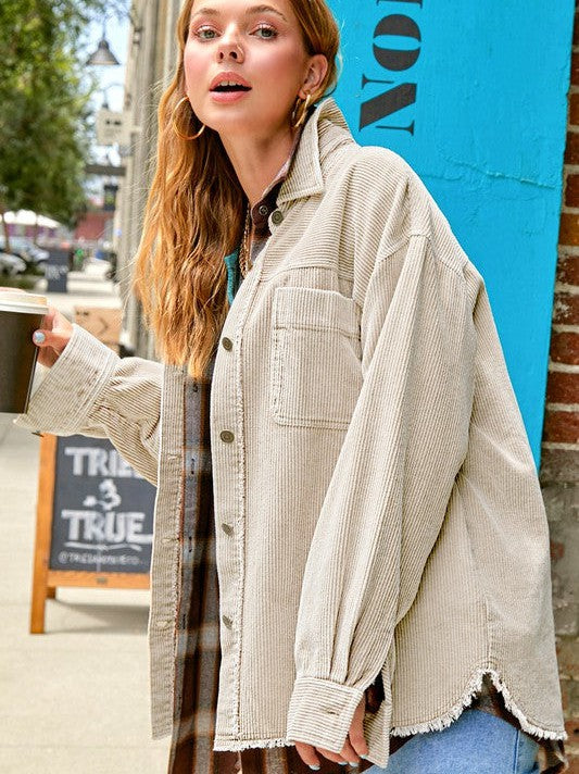 Oversized Corduroy Shacket with Frayed Hem