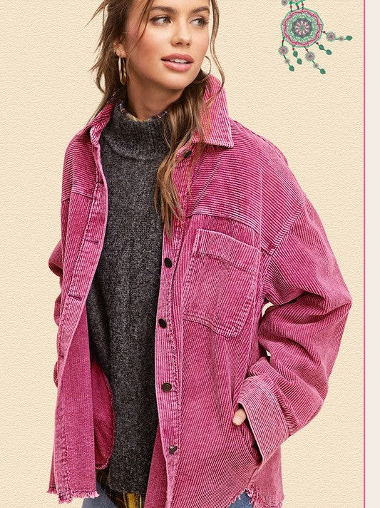Oversized Corduroy Shacket with Frayed Hem
