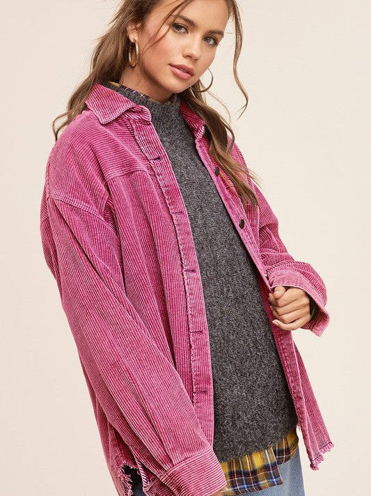 Oversized Corduroy Shacket with Frayed Hem