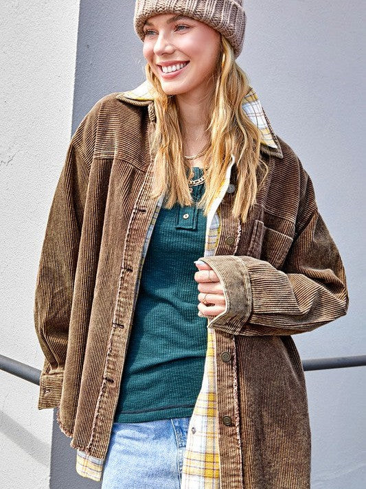 Oversized Corduroy Shacket with Frayed Hem