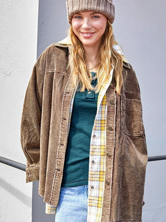 Oversized Corduroy Shacket with Frayed Hem