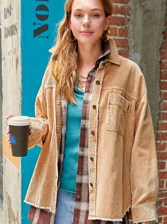 Oversized Corduroy Shacket with Frayed Hem