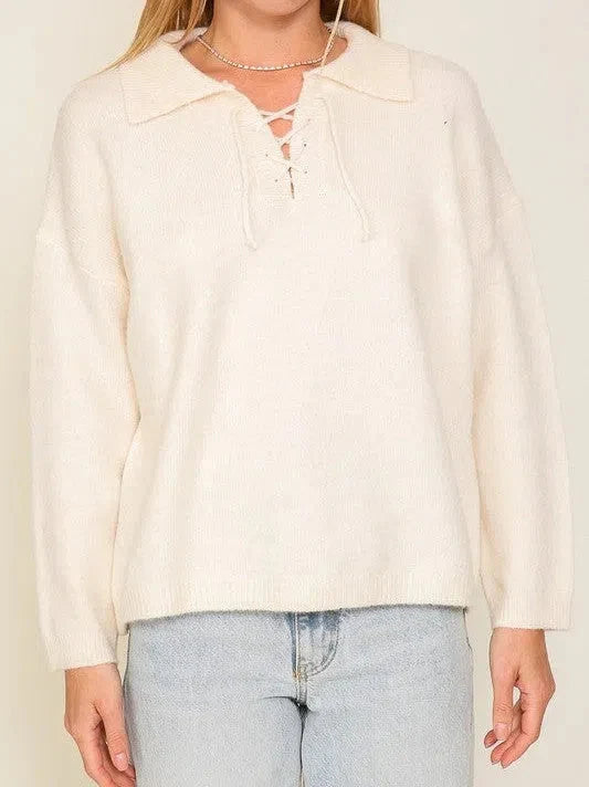 the Air Collared Sweater Top with Crisscross Neckline