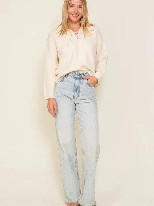 the Air Collared Sweater Top with Crisscross Neckline