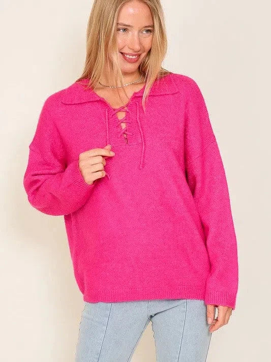 the Air Collared Sweater Top with Crisscross Neckline